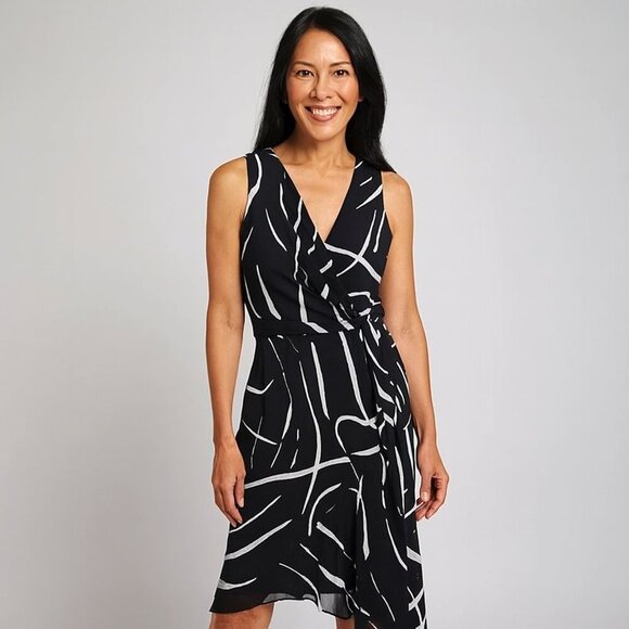 DKNY Black and White Asymmetrical Sheath Dress with Attached Slip Size 6 - Picture 1 of 8